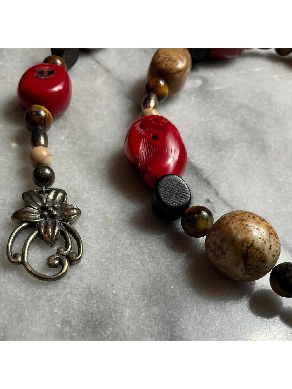 Genuine Red Coral Picture Jasper Tigers Eye + More Sterling Silver Necklace Set